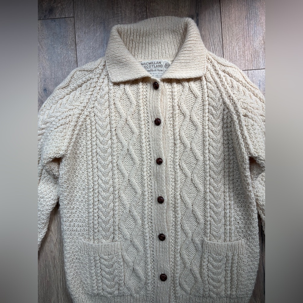 Macmillan of Scotland Cable Knit Wool Cardigan Sweater Large UK 42 Aran Unisex - Picture 14 of 16